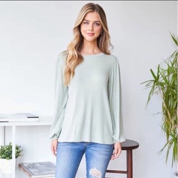 NEW Green Ribbed Texture Puffy Long Sleeve Top - Picture 1 of 4